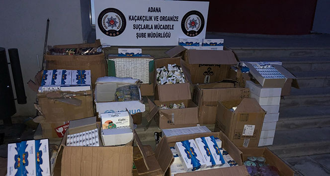 Adana’da bir depoya yapılan baskında kaçak cinsel içerikli 57 bin 433 hap, jel ve sprey ele geçirildi